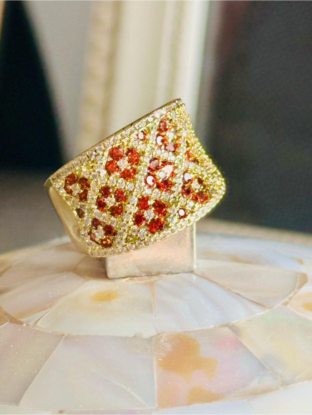 Orange Sapphire Colored and Clear Stone Cigar Band Ring